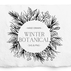 Zimowe liście i jagody okrągła ramka SVG, botaniczny ręcznie rysowany zimowy wieniec PNG, świąteczny wieniec, grawerowanie, Glowforge, folia Cricut