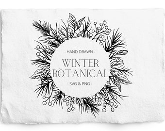 Winter Leaves and Berries Circle Frame SVG, Botanical Hand Drawn Winter Wreath PNG, Holiday Wreath, Engraving, Glowforge, Cricut Foil