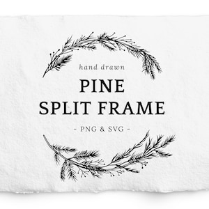Pine Wreath Split Frame SVG, Botanical Winter Wreath PNG, Commercial Free, Christmas Wreath SVG, vintage Christmas Clipart, Gravure laser