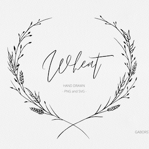 Couronne de blé et de bourgeons, Couronne de récolte SVG, Monogramme, Thanksgiving, Logo de récolte, Conception d’étiquette, Cadre dessiné à la main, Gratuit commercial, Botanique