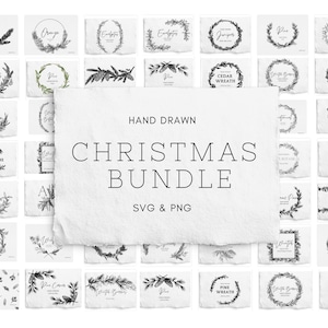 May include: A collection of hand-drawn Christmas-themed graphics in SVG and PNG formats. The designs include wreaths, sprigs, and frames with botanical elements like pine, eucalyptus, and juniper. The central text reads "CHRISTMAS BUNDLE".