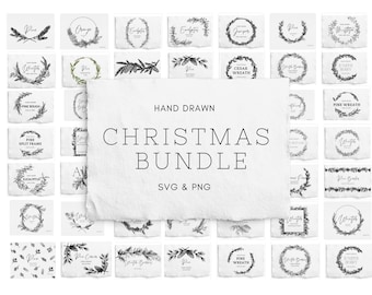 SVG Christmas Bundle, 50+ hand drawn elements, PNG and SVG, Laser engraving, commercial free, pine wreath svg, pine corners svg, glowforge