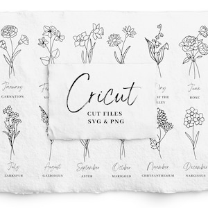 Paquete SVG de flores del mes de nacimiento, archivos de corte Cricut, paquete de flores dibujado a mano, SVG de flores, flor de nacimiento, cumpleaños, digistamp botánico, sello