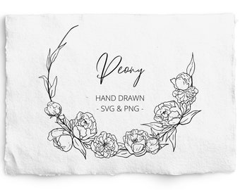Peony wreath Digi Stamp, PNG and SVG files, peony botanical frame, Wedding Invite, sublimation graphic, logo design, flower wreath
