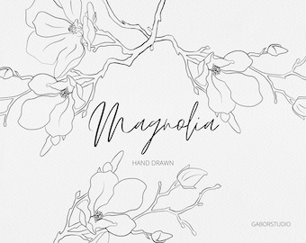 Magnolia Line Art Clipart, PNG, Magnolia Stems, Floral Wedding Invite Elements, Hand Drawn Botanical, Digi Stamp, Organic Line Clipart