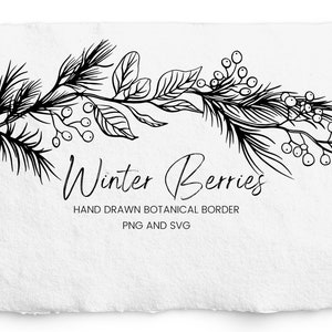 Bordure d’hiver pour la gravure, baies et feuilles SVG, PNG, bordure botanique dessinée à la main, gravure, commerciale gratuite, clipart de Noël vintage