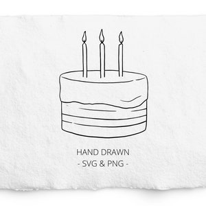 ミニマリストのバースデーケーキ SVG、ケーキ PNG グラフィック、商用利用、線画、ペンとインク、バースデーカード グラフィック