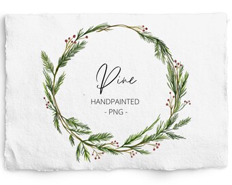 Pine Wreath Watercolor Clipart, Hand Painted Pine Frame, Christmas Watercolor, Stationery, Commercial Free, PNG, Minimalistic Wreath