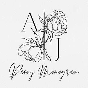 Monograma de peônia, monograma personalizável, arquivos PNG e SVG, moldura botânica de peônia, convite de casamento, monograma de logotipo de peônia, desenho formal à mão