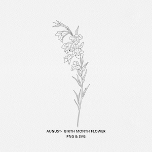August Birth Month Flower SVG - Birthday Flower PNG, Hand Drawn Gladiola Flower Graphic, Hand Drawn Botanical, Digi Stamp, Tattoo
