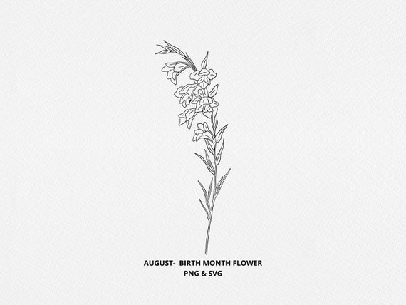 August Birth Month Flower SVG - Birthday Flower PNG, Hand Drawn Gladiola Flower Graphic, Hand Drawn Botanical, Digi Stamp, Tattoo
