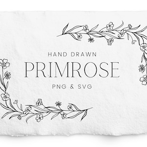Moldura de canto de prímula SVG, moldura botânica para gravura, Glowforge, Cricut, clipart de casamento, arte linear, flores silvestres de montanha, PNG