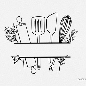 Kitchen Split Frame SVG, Kitchen SVG, Hand Drawn Kitchen Utensils graphic, Graphic for Cookbook or Recipes, Spatula, Whisk, Rollingpin