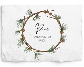 Pine Cone Wreath Watercolor Clipart, Hand Painted Pine Frame, Christmas Watercolor, Stationery, Commercial Free, PNG, Minimalistic Wreath