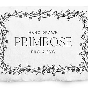 Moldura retangular SVG, moldura botânica de prímula para gravura, Glowforge, Cricut, clipart de casamento, arte linear, flores silvestres de montanha, PNG