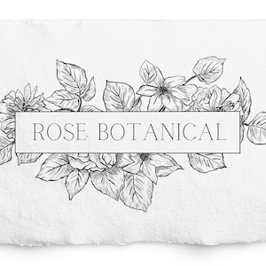 Cadre rectangulaire rose PNG, Rose Botanical Graphic, Marque florale, Clipart de mariage, Logo Design, Handrawn Botanical, Dessin à la plume et à l’encre