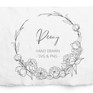 Pioenkrans SVG, Digitale Postzegel, PNG en SVG, Handgetekend geïllustreerd botanisch frame, Bruiloft Uitnodiging, sublimatie afbeelding, krans Glowforge