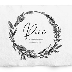 Guirlanda de pinheiro SVG, guirlanda de inverno desenhada à mão botânica PNG, guirlanda de férias, comercial grátis, guirlanda de Natal SVG, clipart de Natal vintage