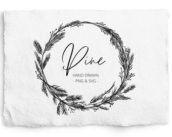 Pine Wreath SVG, Botanical Hand Drawn Winter Wreath PNG, Holiday Wreath, Commercial Free, Christmas Wreath SVG, Vintage Christmas Clipart