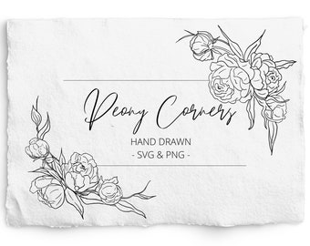 Peony SVG and PNG, Peony Corner Frame, Floral frame SVG, Flower png clipart, Hand Drawn Botanical, Wedding Clipart, Digi Stamp, black line