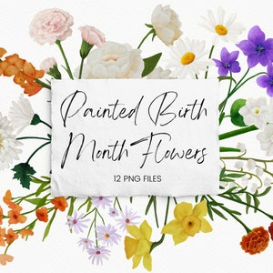 Pacote de clipart de flores do mês de nascimento, pacote de flores pintadas à mão, pintadas à mão em guache, gráfico de flores, sem comerciais, clipart botânico