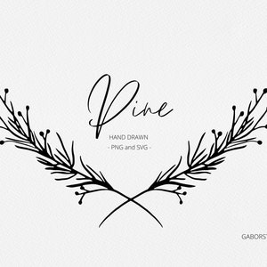 Cornice monogramma per le vacanze di pino, gemme e pino, botanica natalizia, cornice di Natale disegnata a mano PNG e SVG, creazione di cartoline di Natale, timbro Digi