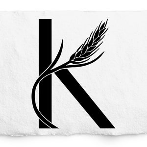 Gráfico SVG de trigo K, monograma de letra K desenhado à mão, design de logotipo, design de trigo de preenchimento sólido, carimbo de trigo, alfabeto de trigo, arquivo de corte Cricut