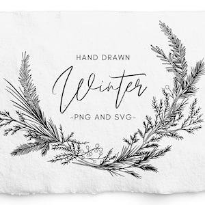 Winter Botanical Hand Drawn Wreath, Pine Digi Stamp, PNG, Pine Christmas Wreath, Hand Drawn Frame, Holiday Wreath, Commercial Free, Clip art