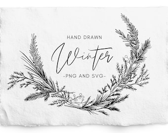 Winter Botanical Hand Drawn Wreath, Pine Digi Stamp, PNG, Pine Christmas Wreath, Hand Drawn Frame, Holiday Wreath, Commercial Free, Clip art
