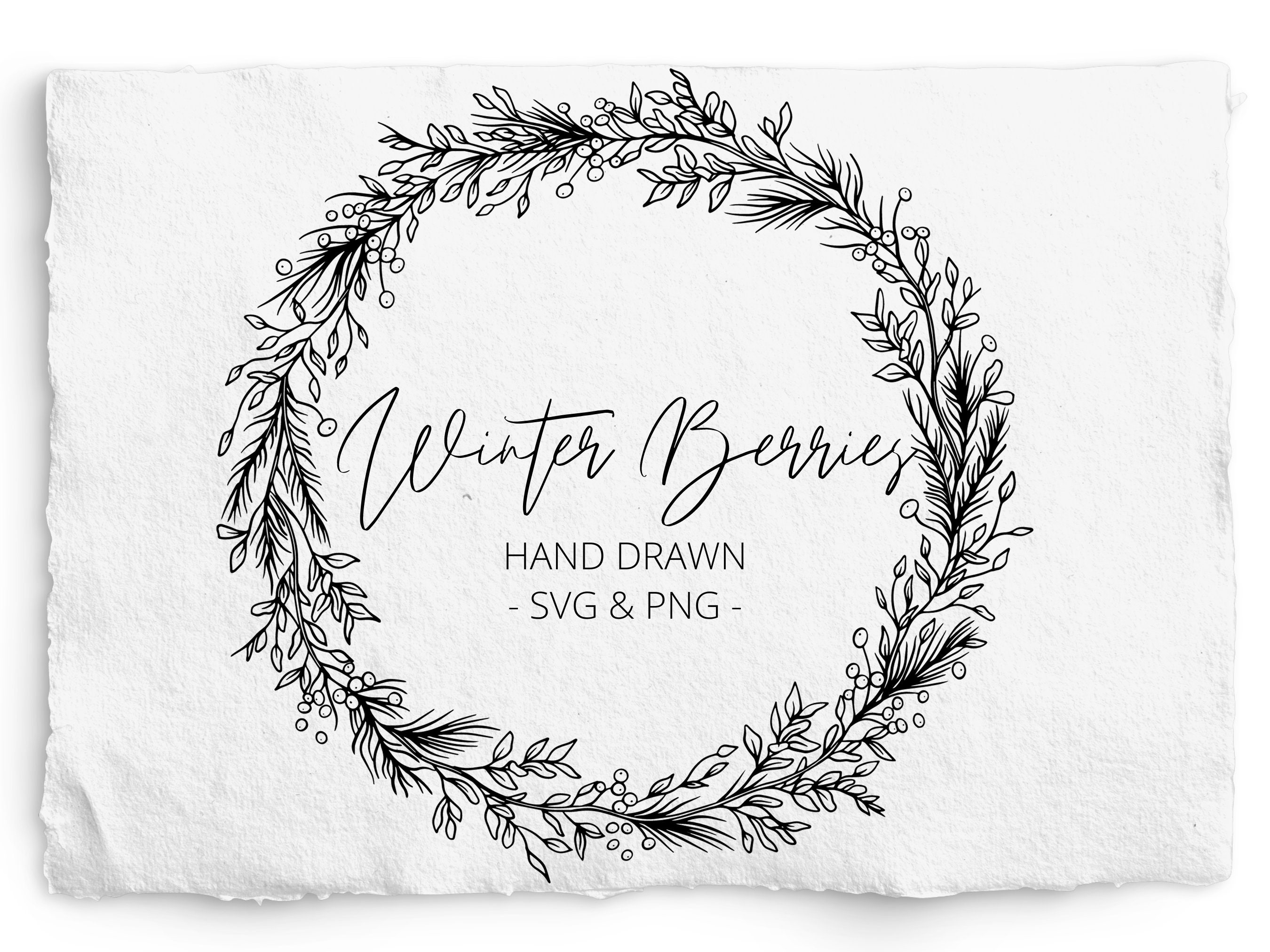 Christmas Wreath SVG, Berries and Leaves, Laser Engraving, PNG, Hand Drawn Frame, Holiday Wreath, Glowforge, Clip art, Foil quill, for print