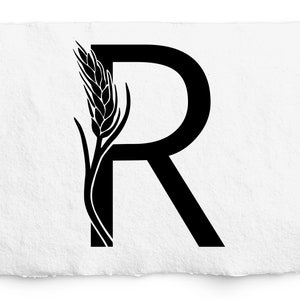 Gráfico SVG de trigo R, monograma de letra R desenhado à mão, design de logotipo, design de trigo de preenchimento sólido, carimbo de trigo, alfabeto de trigo, arquivo de corte Cricut