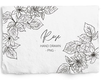 Rose Corner Graphic, PNG, Flower Frame, Wedding clipart frame, Commercial Free Botanical, Hand Drawn Line Art, Botanical Branding Design