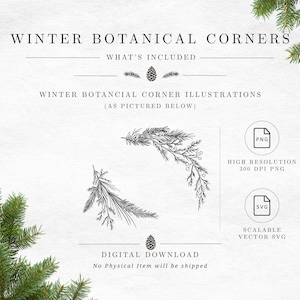 May include: Digital download of Winter Botanical Corners featuring black line art illustrations of pine branches and needles. Includes high resolution 300 DPI PNG and scalable vector SVG file formats for winter-themed graphic design projects.