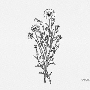 May include: A monochrome line drawing of a wildflower bouquet. The arrangement features various flower types, including a prominent open bloom, clover-like flowers, and smaller buds. The illustration is set against a white backdrop.