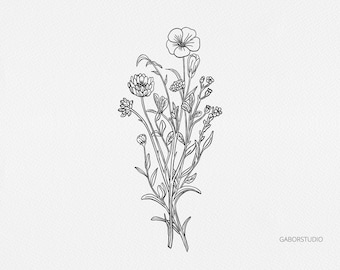 May include: A black and white line drawing of a bouquet of wildflowers. The bouquet includes a variety of flower types, including a large, open flower at the top, clover-like blooms, and smaller buds. The illustration is set against a white background.