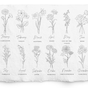 Mois de naissance Fleur SVG et PNG Bundle, Bundle de fleurs dessinés à la main, Fleur SVG, Fleur de naissance, Anniversaire, Botanical Digistamp, Gravure au laser