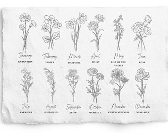 Birth Month Flower SVG and PNG Bundle, Hand Drawn Flower Bundle, Flower SVG, Birth Flower, Birthday, Botanical Digistamp, Laser engraving