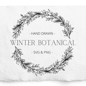 Winter Botanical Split Frame SVG et PNG, Dessin au trait dessiné à la main, Design de Noël noir et blanc, Glowforge, Gravure, Gravure, Clipart