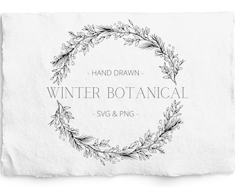 Winter Botanical Split Frame SVG and PNG, Hand Drawn Line Art, Black and White Christmas Design, Glowforge, Engraving, Etching, Clipart