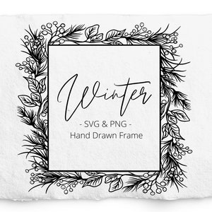 Quadratische Winter Bordüre SVG, für Druck und Gravur, Beeren und Blätter, PNG, botanische Hand gezeichnete Bordüre, kommerziell frei