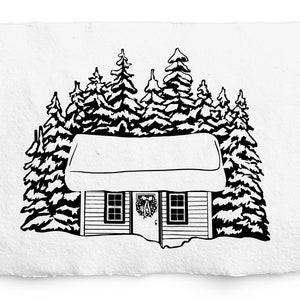 Cabine d’hiver SVG, Maison enneigée, Cabane de Noël, Ornements, Papeterie, Cartes de vœux, Gravure au laser, Papier d’aluminium, Typographie