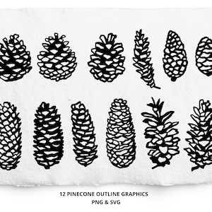 May include: Twelve black and white outline illustrations of pine cones in various shapes and sizes.  The pine cones are drawn in a simple, hand-drawn style.  12 PINECONE OUTLINE GRAPHICS PNG & SVG