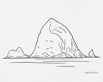Puede incluir: Un dibujo en blanco y negro de una gran formación rocosa, posiblemente una montaña o una isla, con una formación rocosa más pequeña a cada lado. El dibujo está sobre un fondo blanco.