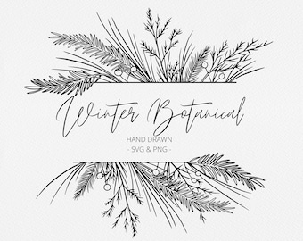 Winter Botanical Frame SVG and PNG, Pine Corner Digi Stamp, Pine Christmas Frame, Cricut, Glowforge, Commercial Free, Clip art