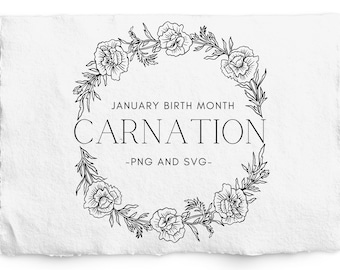 Carnation January Birth Month Flower Wreath SVG - Birthday Flower PNG, Hand Drawn Carnation Flower Graphic, Hand Drawn Botanical, Digi Stamp