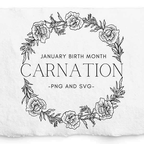 Carnation January Birth Month Flower Wreath SVG - Birthday Flower PNG, Hand Drawn Carnation Flower Graphic, Hand Drawn Botanical, Digi Stamp