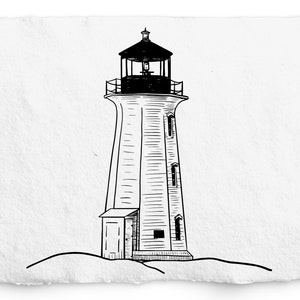May include: A black and white line drawing of a lighthouse with a small building attached to the base. The lighthouse has a tall tower with a small roof and a railing around the top. The building has a door and a window.