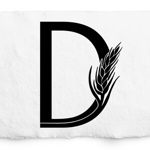 Gráfico D SVG de trigo, monograma D de letra dibujada a mano, diseño de logotipo, diseño de trigo de relleno sólido, sello de trigo, alfabeto de trigo, archivo de corte de Cricut