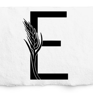 Gráfico SVG de trigo E, monograma letra E desenhado à mão, design de logotipo, design de trigo de preenchimento sólido, carimbo de trigo, alfabeto de trigo, arquivo de corte Cricut