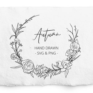 Cadre floral SVG, Botanique d’automne avec pivoines, Timbre Digi, PNG & SVG, Couronne dessinée à la main, Invitation de mariage, graphique de sublimation, conception de logo